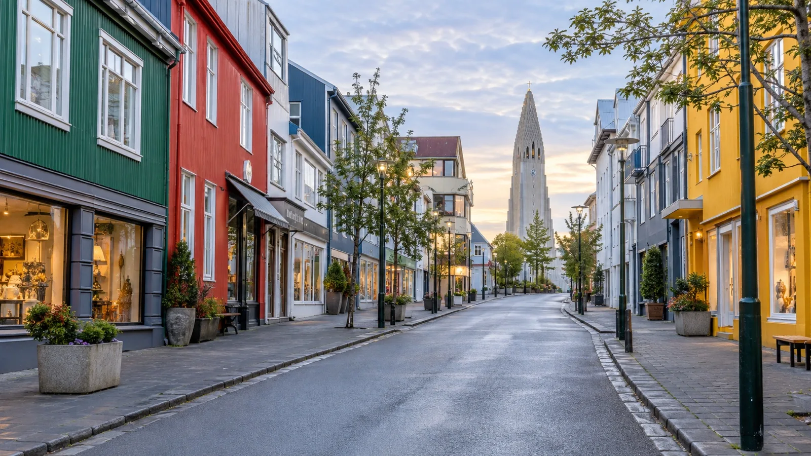Laugavegur district of central Reykjavík with colorful building facades, shops and small hotels on an empty street
