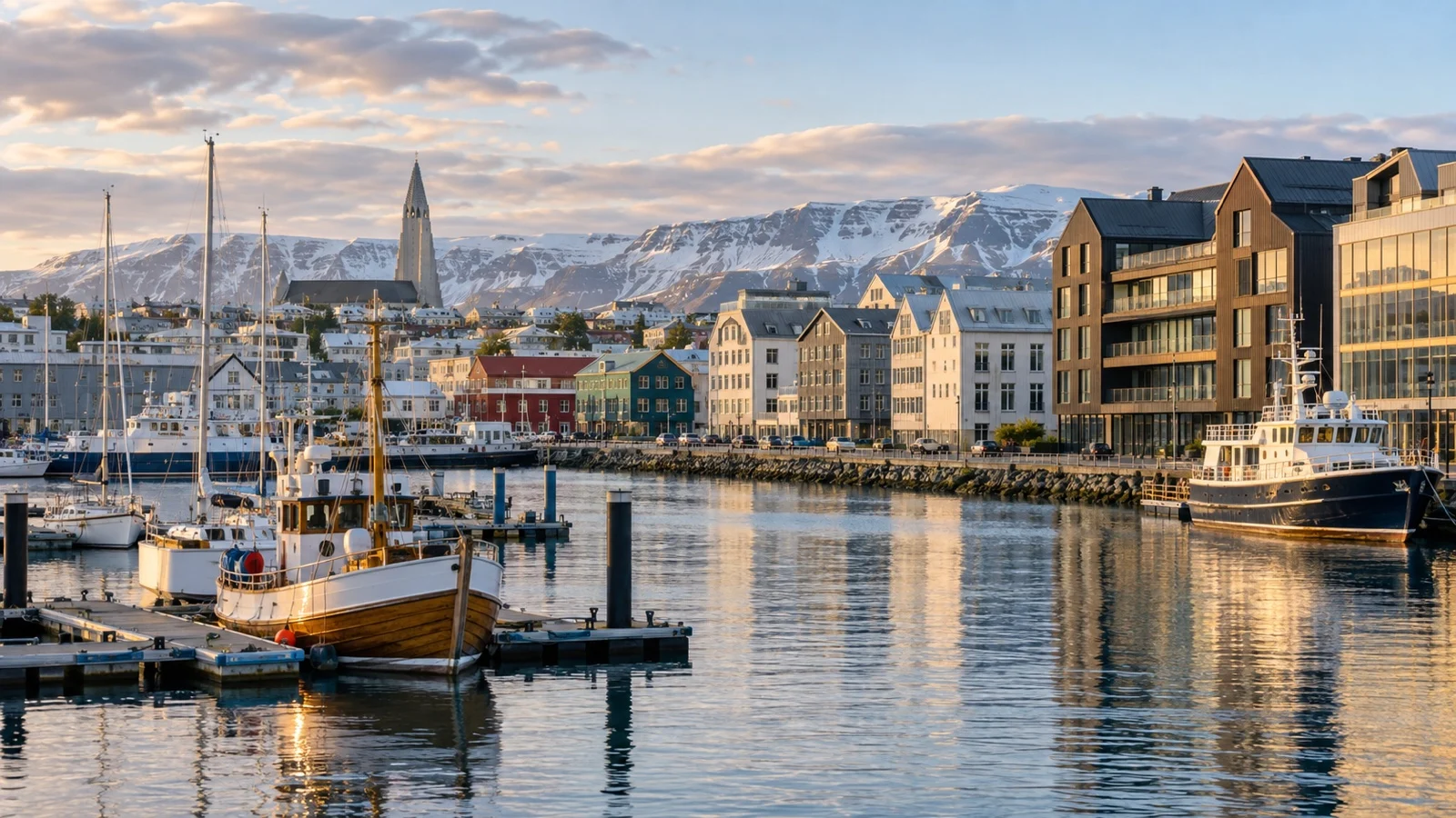 Reykjavík Old Harbour and marina with midrange waterfront hotels, boats and Nordic architecture