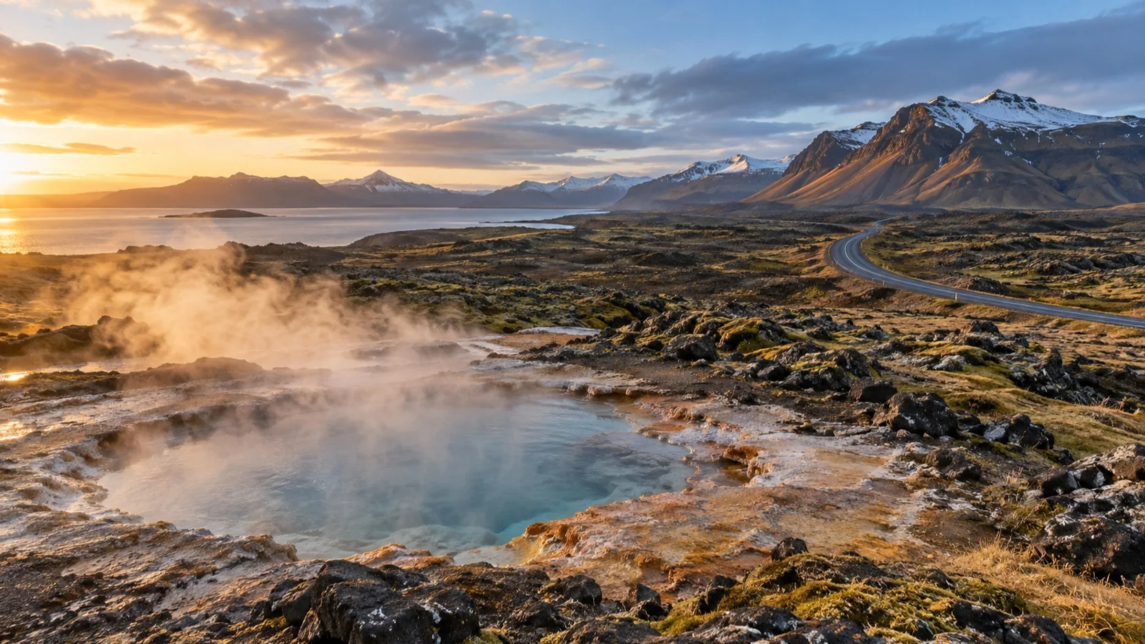 Steaming geothermal pool and lava landscape near Reykjavík