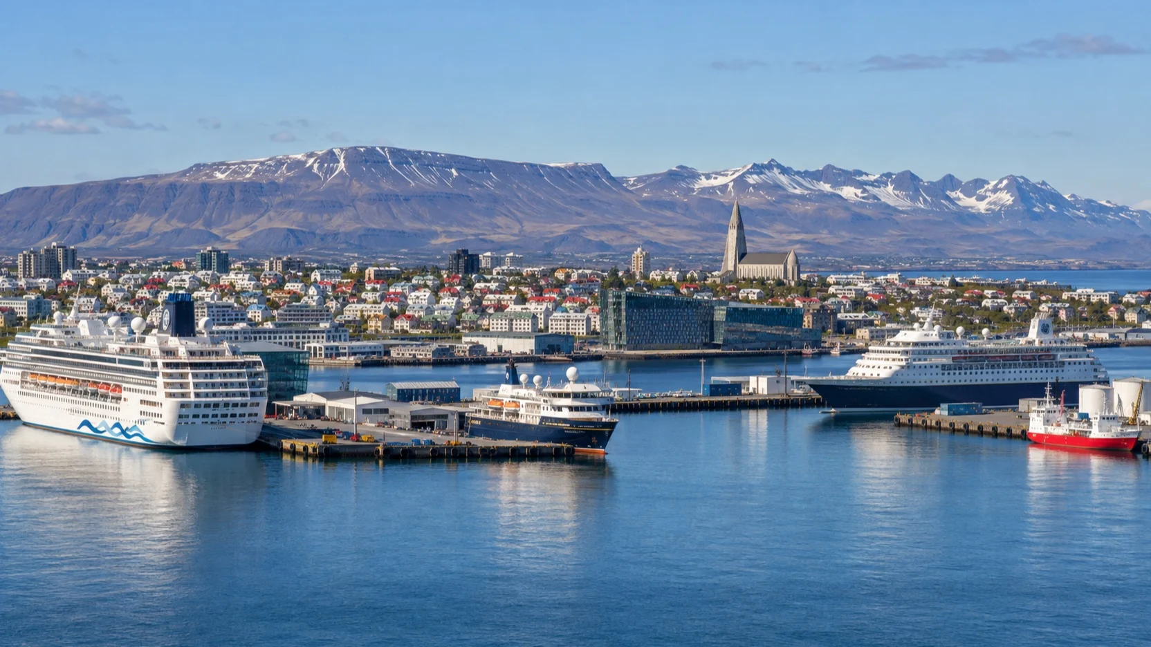 Several cruise ships at Reykjavík's separate harbor berths