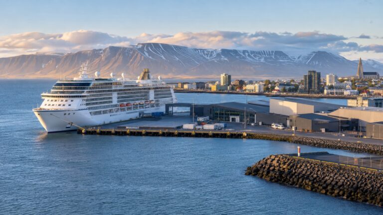 Skarfabakki cruise terminal in Reykjavík with a white cruise ship docked, Icelandic coastal hills and city skyline