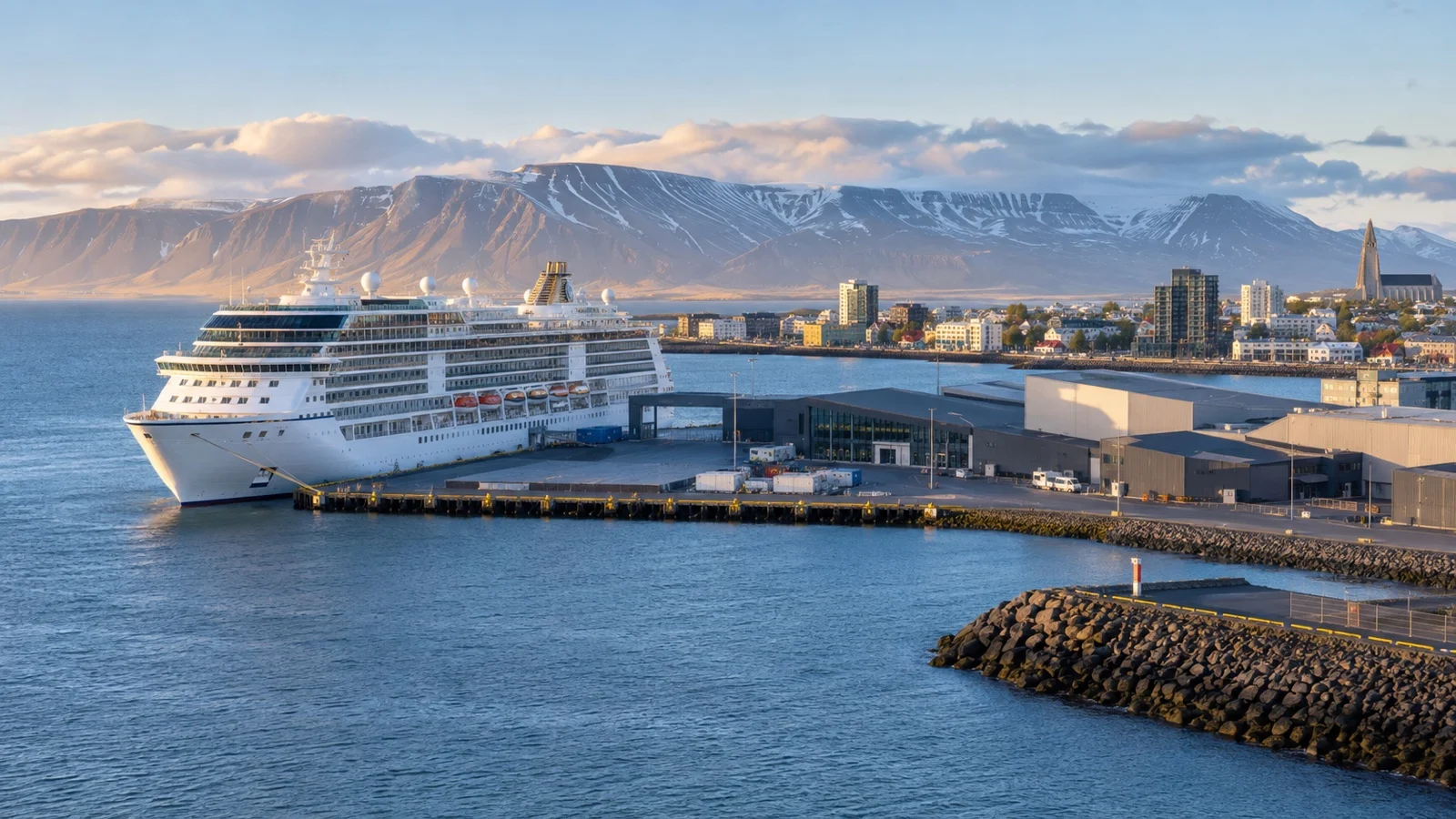 Skarfabakki cruise terminal in Reykjavík with a white cruise ship docked, Icelandic coastal hills and city skyline