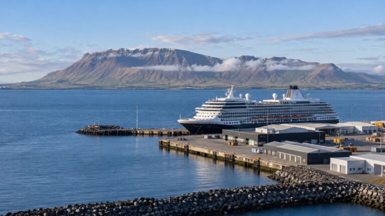Cruise ship at Reykjavík’s Skarfabakki port across Faxaflói bay