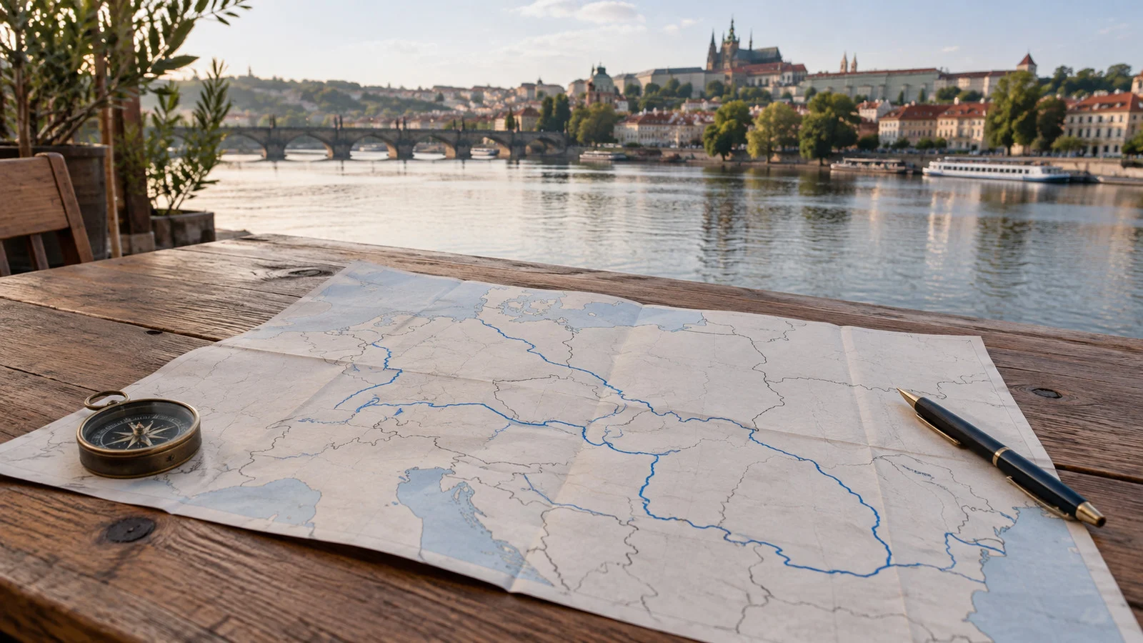 Central Europe river map with compass for comparing cruise routes