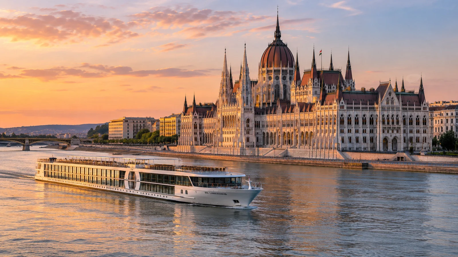 Danube river cruise ship by Hungarian Parliament in Budapest