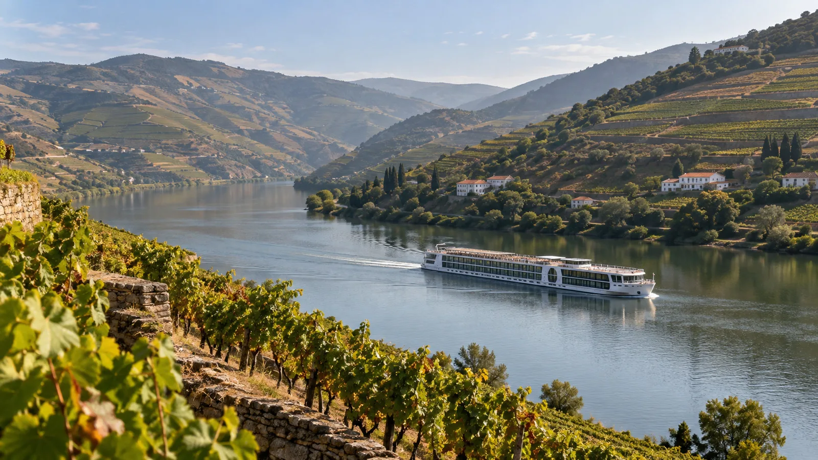 Douro river cruise ship among terraced Portuguese vineyards