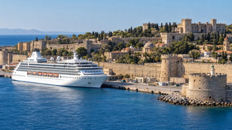 Cruise ship at Rhodes port beside the medieval city walls