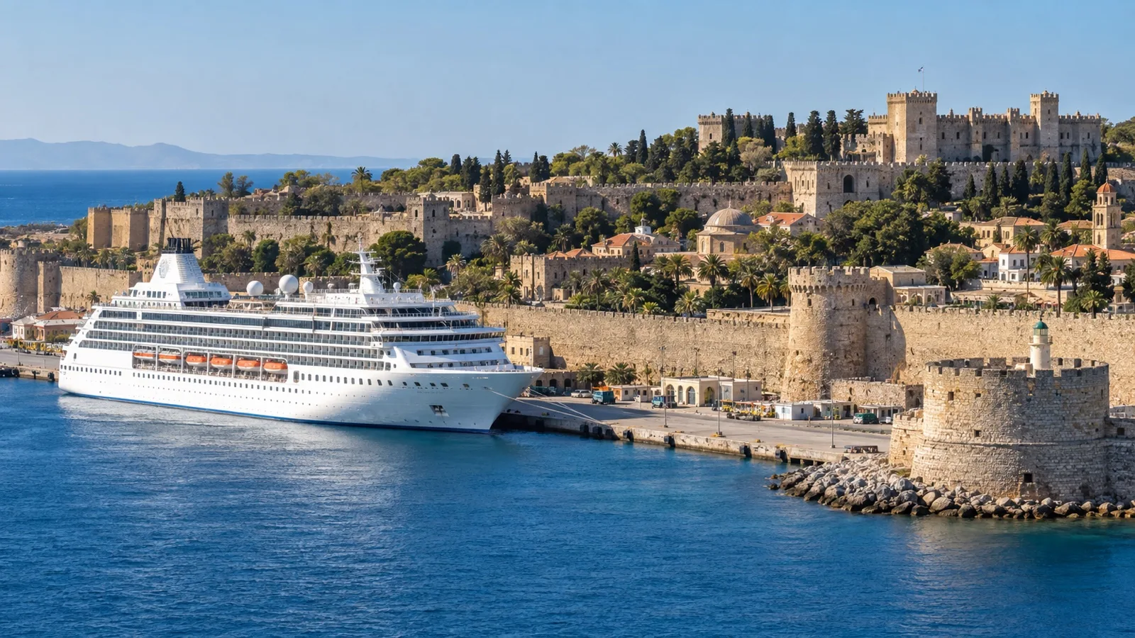 Cruise ship at Rhodes port beside the medieval city walls