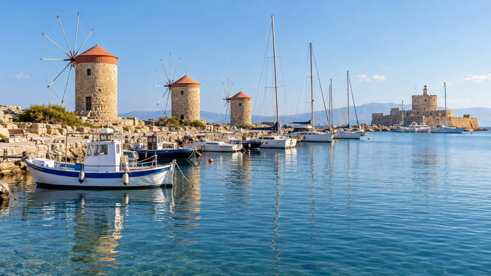 Mandraki harbor windmills and waterfront in Rhodes