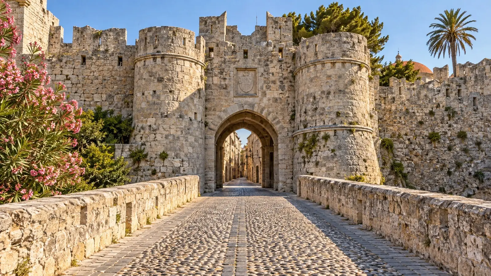Stone gate and walls of the eastern medieval city of Rhodes