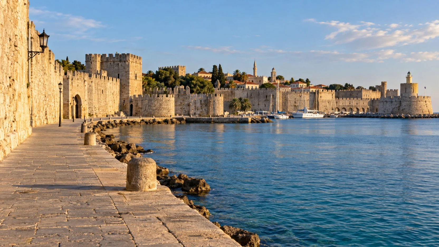 Rhodes medieval walled Old Town beside its harbor