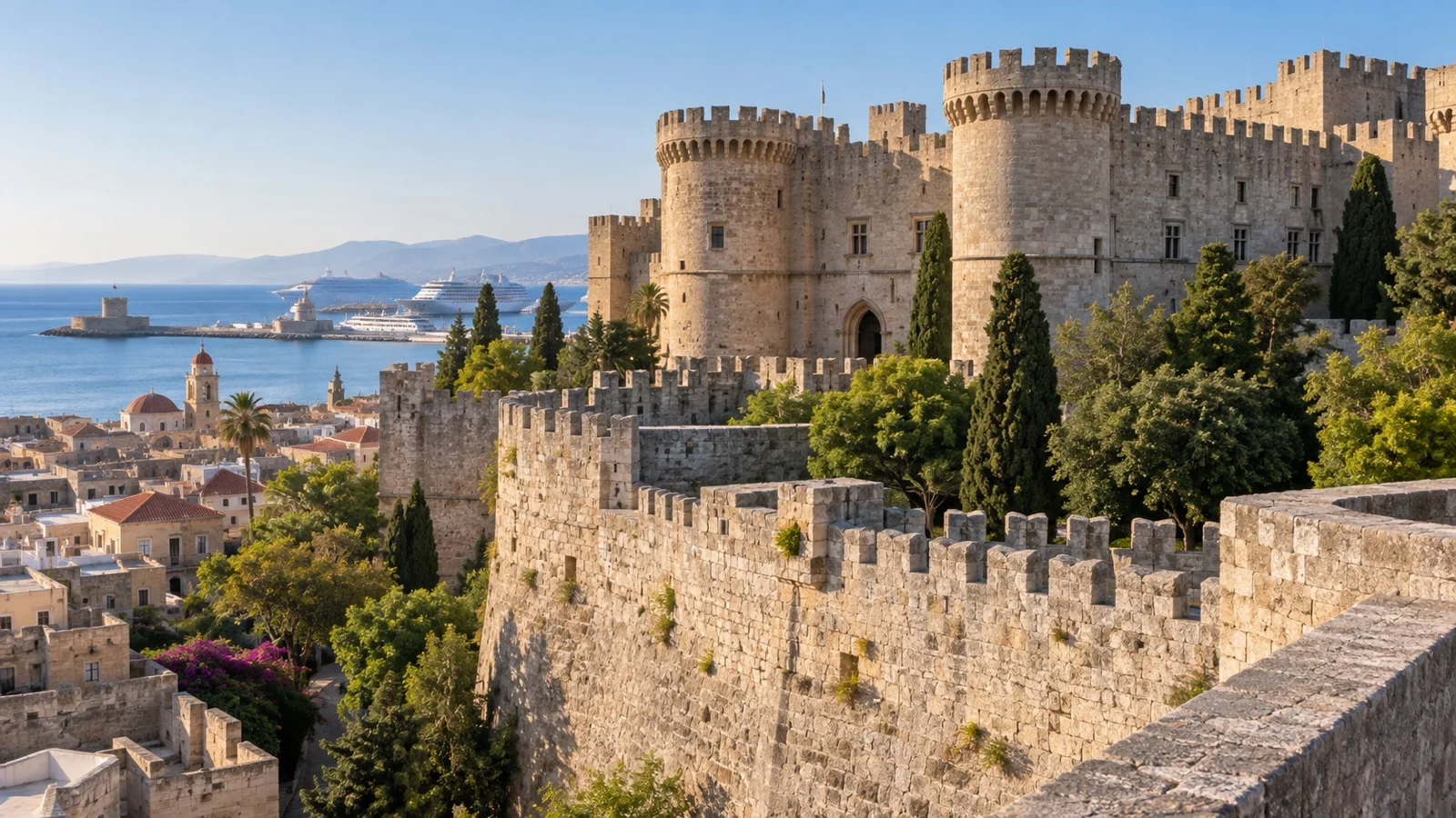 Medieval stone walls and the Palace of the Grand Master near Rhodes cruise harbor.