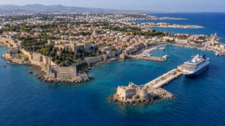 Aerial view of Rhodes Old Town walls and cruise berth