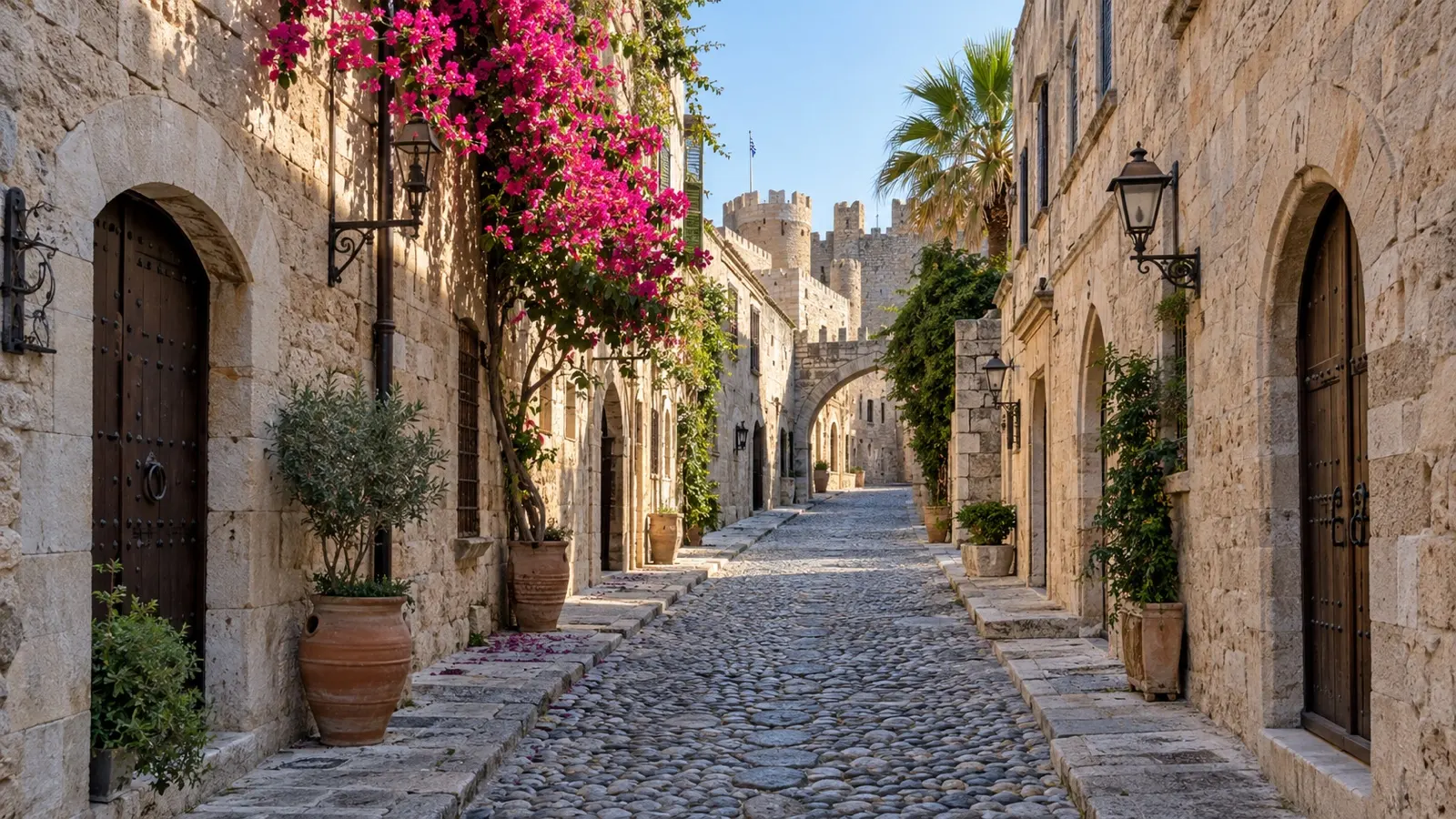 Quiet street among the medieval stone buildings of Rhodes Old Town