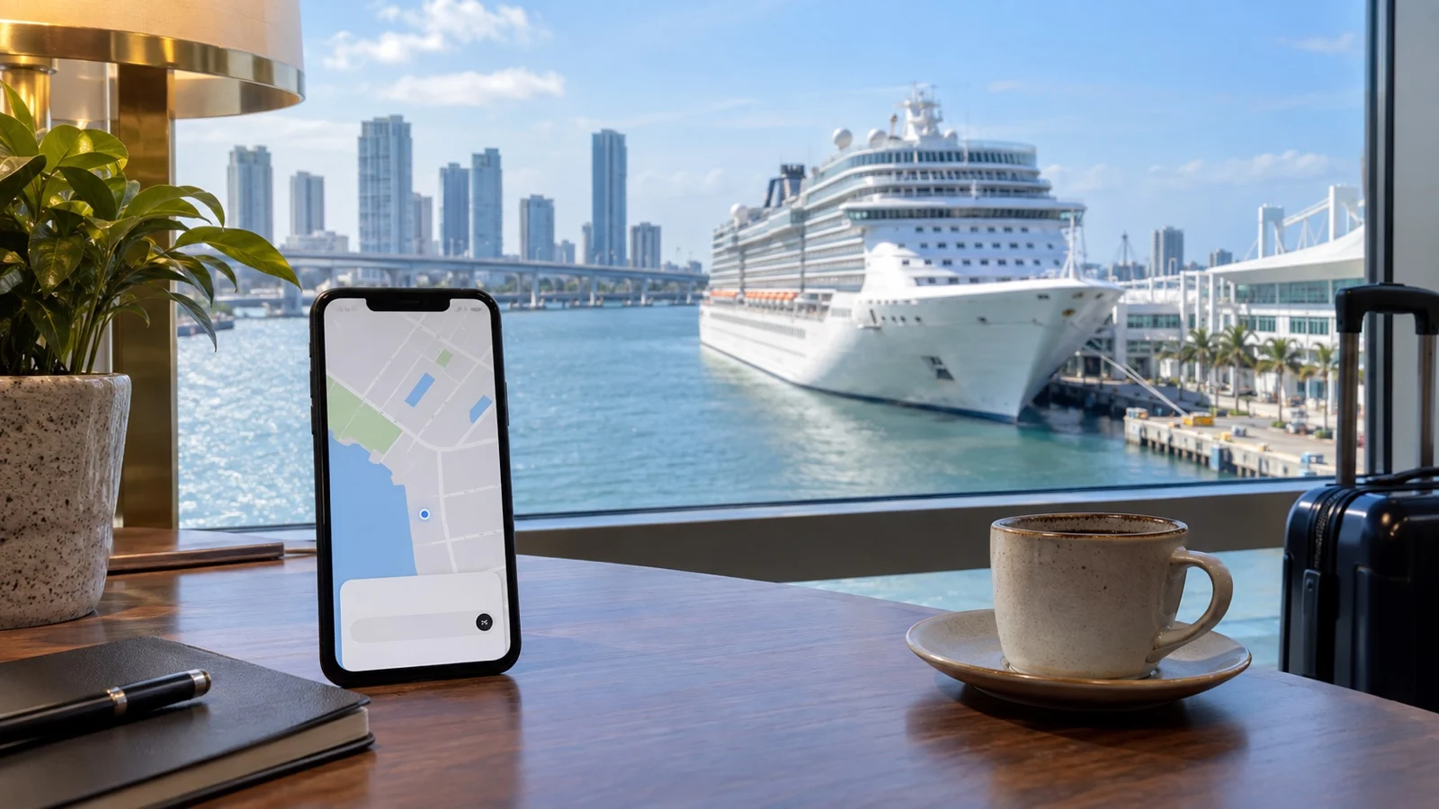 Smartphone showing blank ride request map on desk with cruise ship outside, no readable text