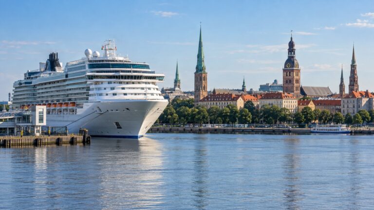 Cruise ship beside the Daugava River with Riga spires behind