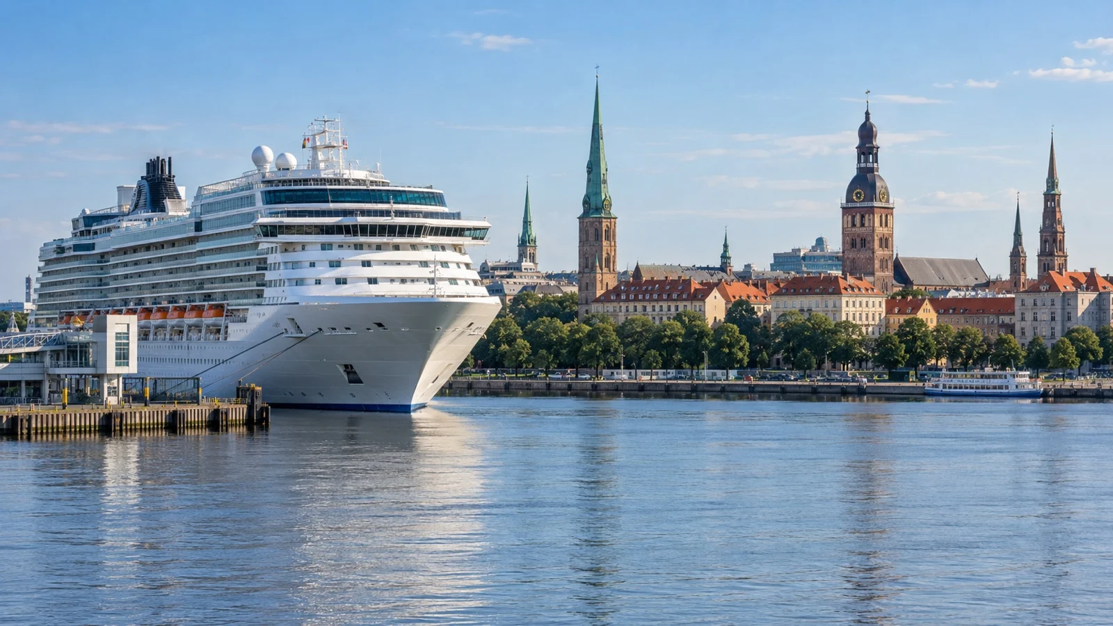 Cruise ship beside the Daugava River with Riga spires behind