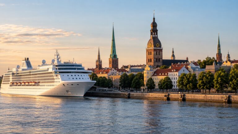 Cruise ship on the Daugava River near Riga's historic center