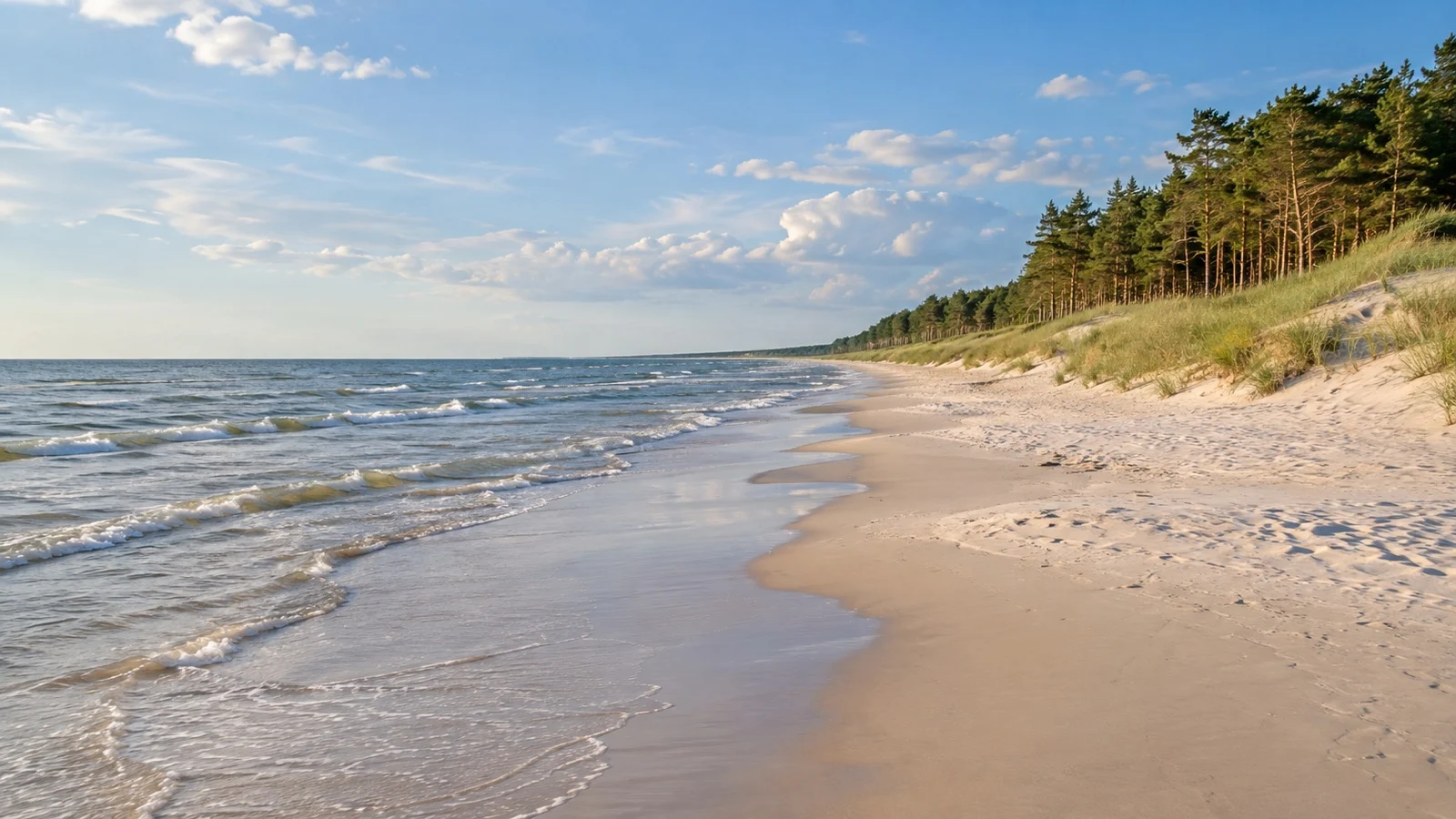 Empty sandy Baltic shoreline and pine dunes at Jūrmala