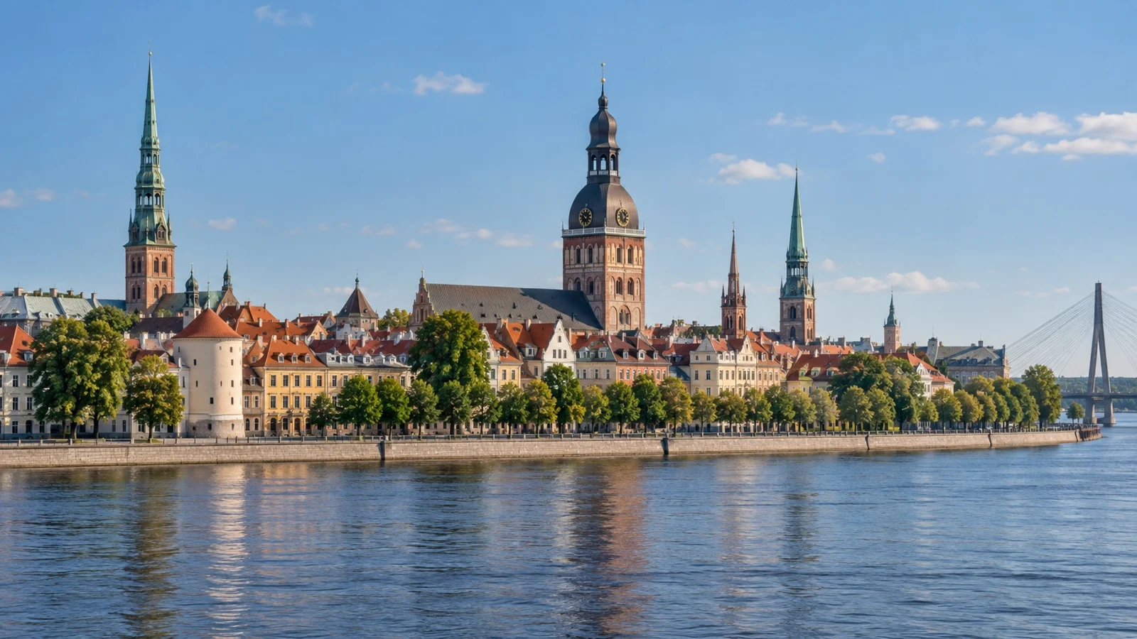 Riga Old Town rooftops and church spires by the river