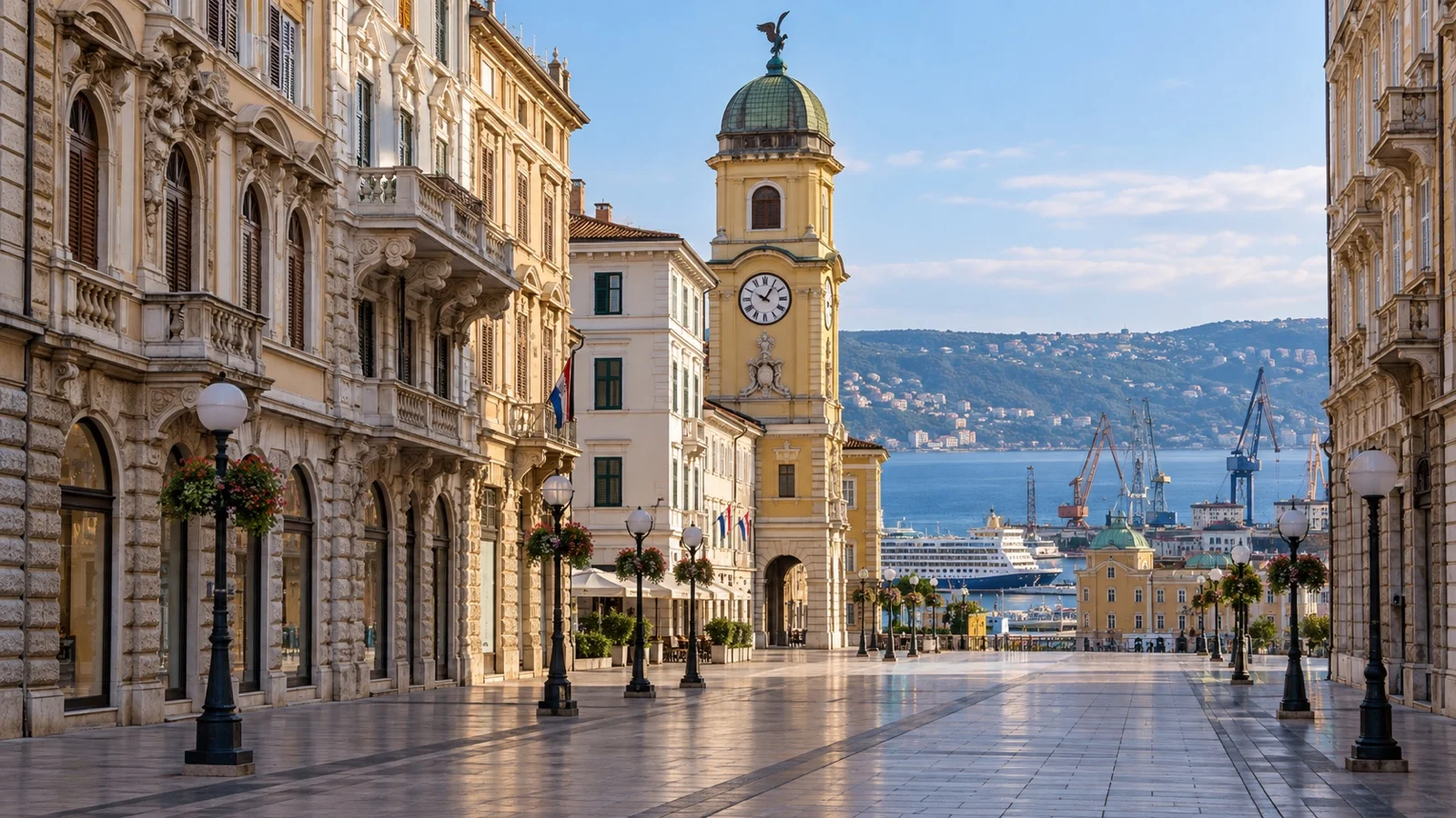Historic buildings and clock tower along Korzo in Rijeka