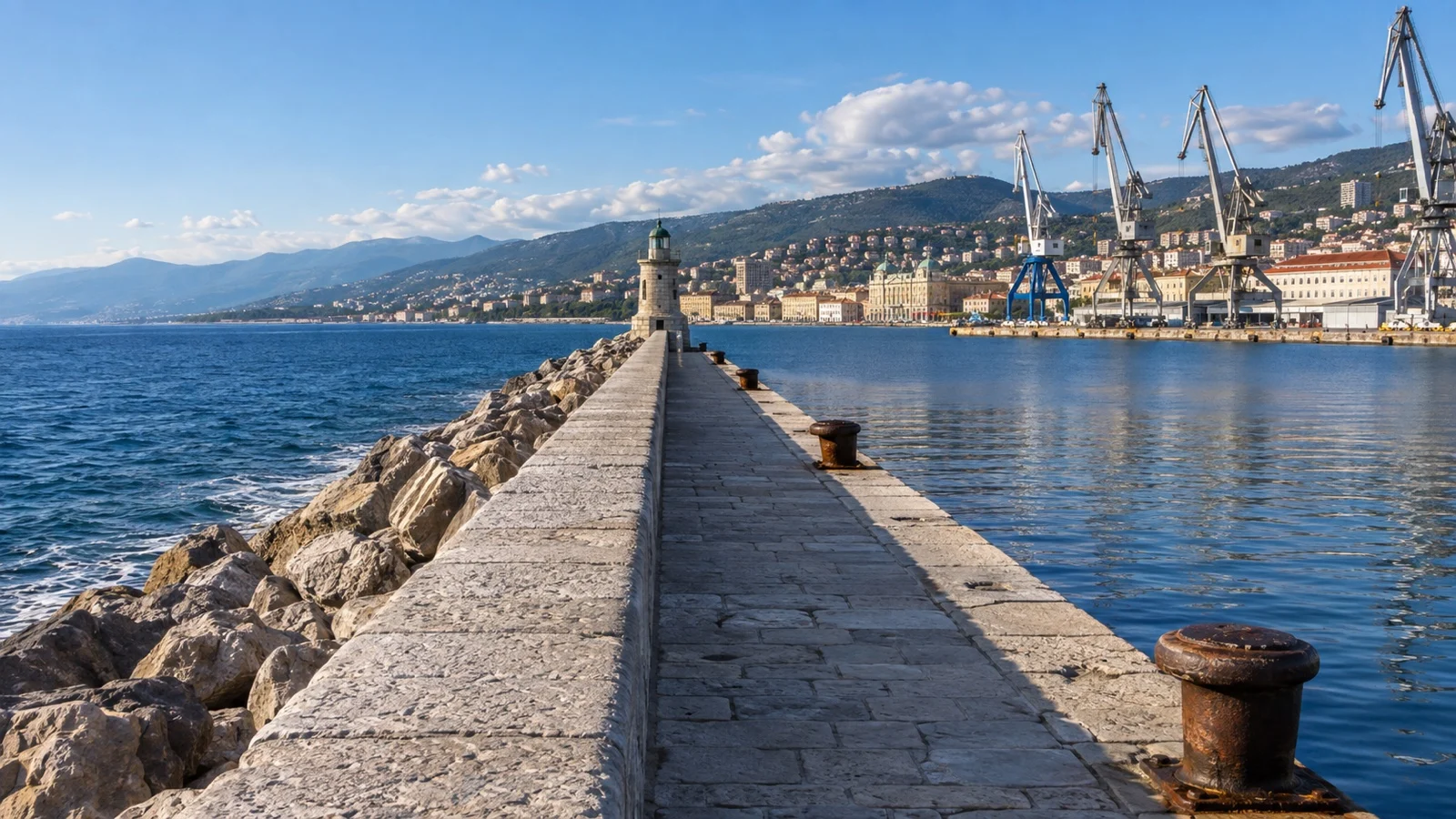 Long Molo Longo walkway beside Rijeka working harbor
