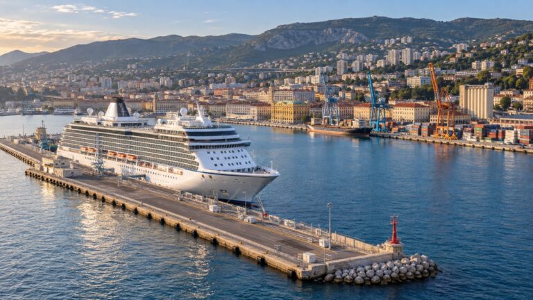 Cruise ship at Molo Longo breakwater in Rijeka
