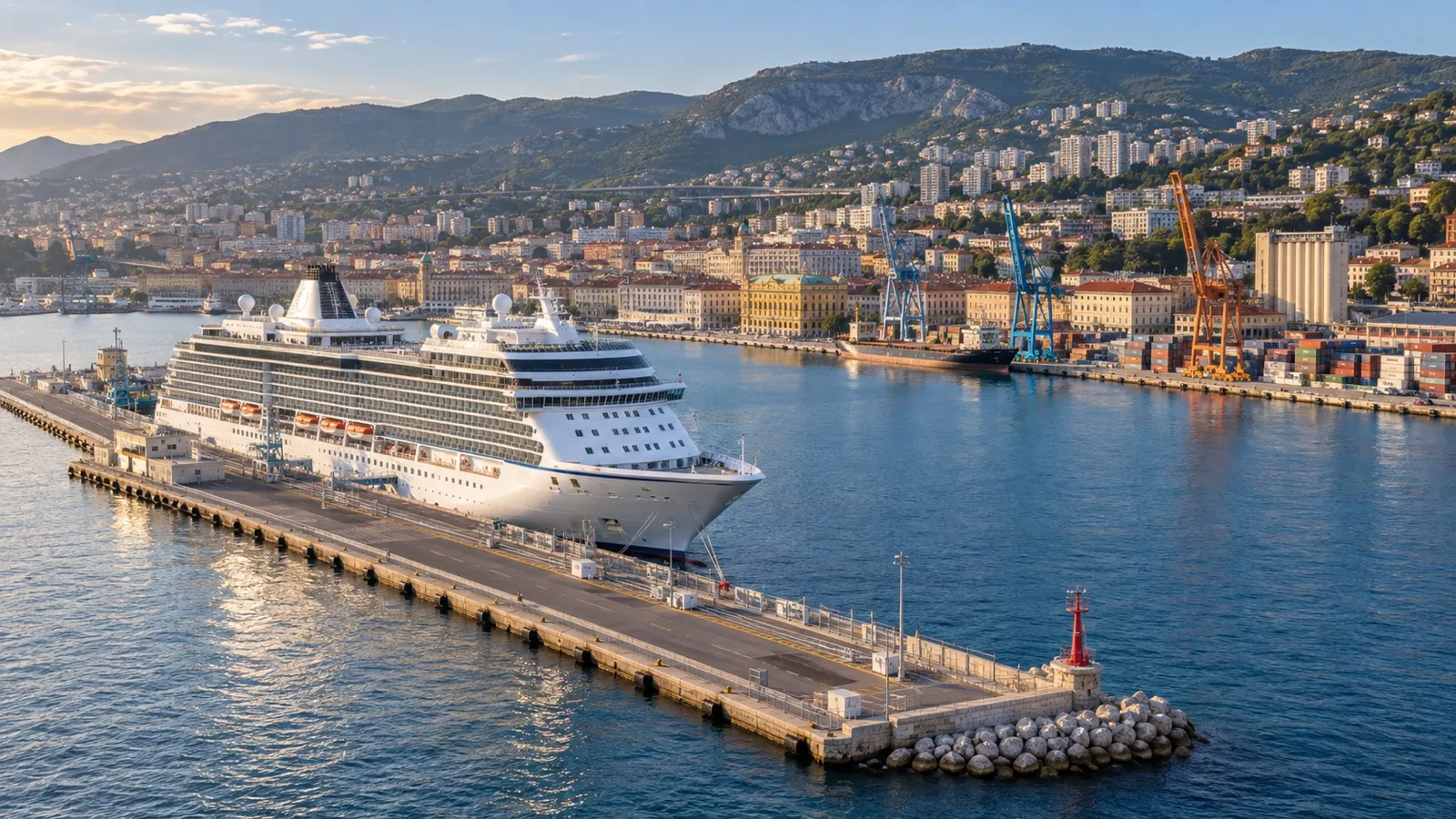 Cruise ship at Molo Longo breakwater in Rijeka