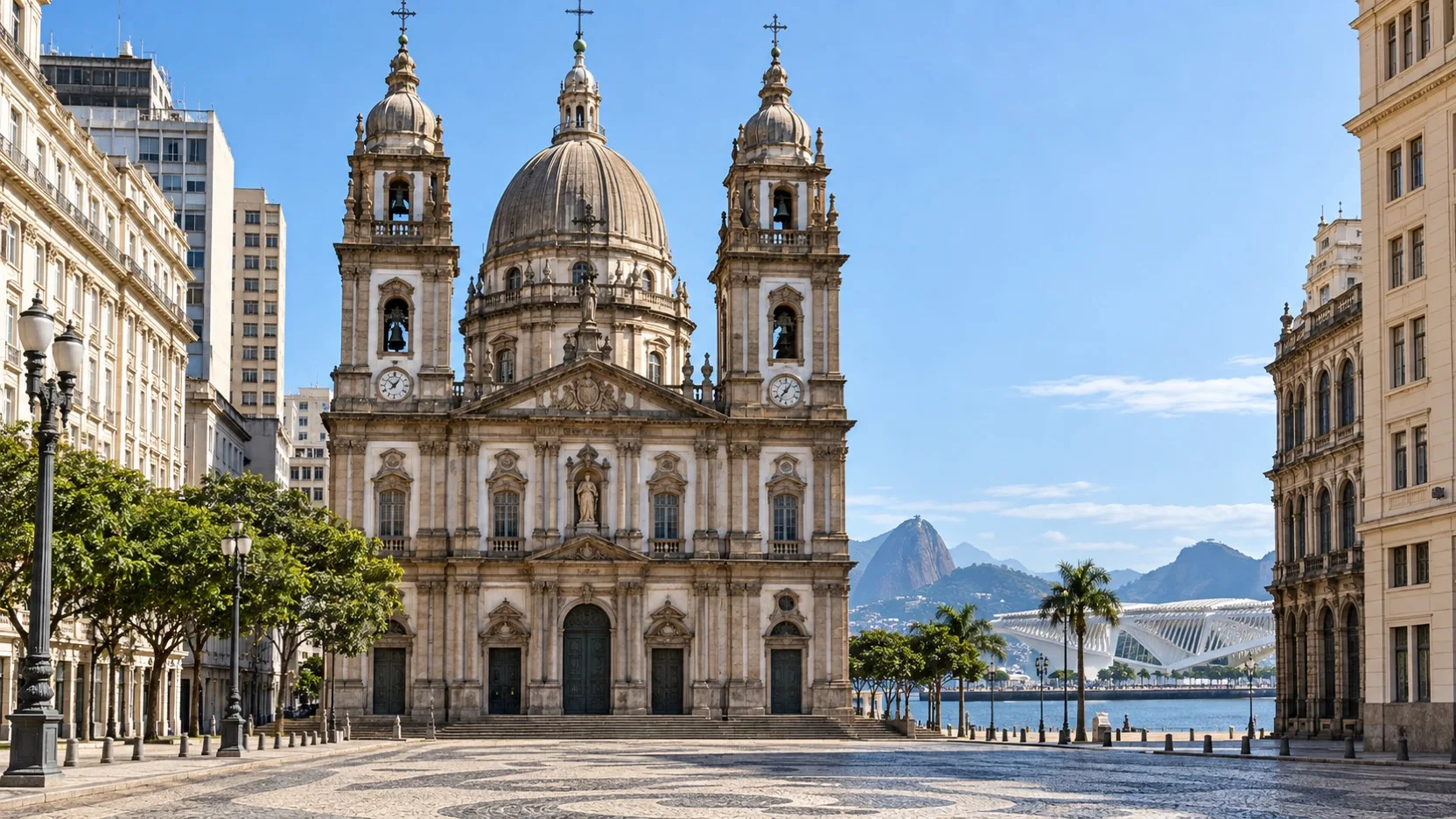 Candelária Church and an empty square in historic downtown Rio de Janeiro