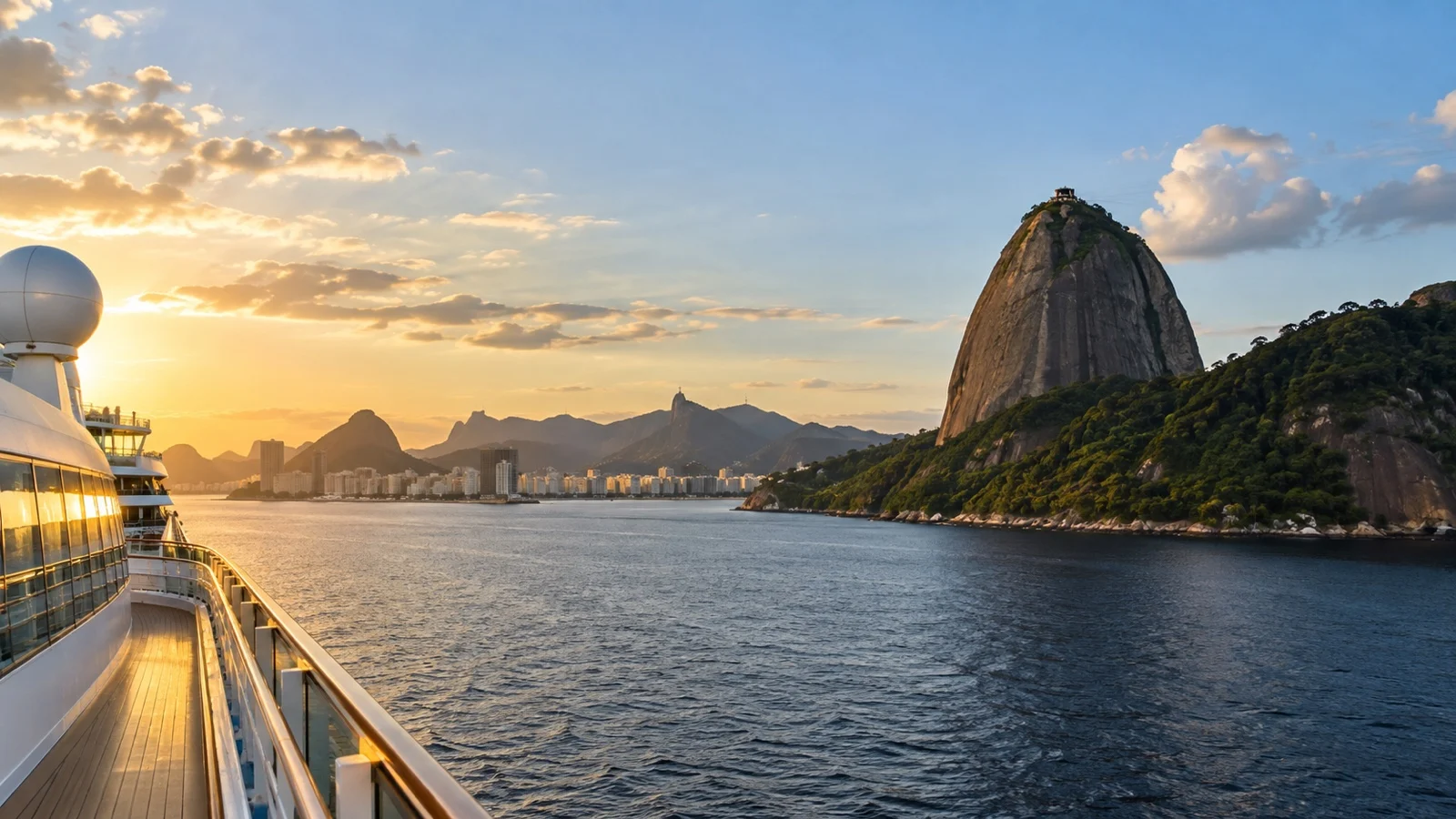 View from cruise ship entering Guanabara Bay beside Sugarloaf Mountain in Rio