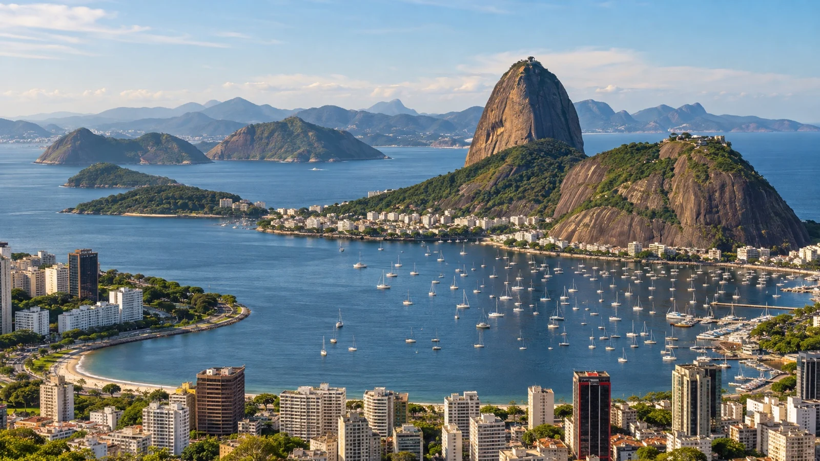 Panoramic Rio waterfront showing Guanabara Bay, Sugarloaf Mountain and city hotel districts