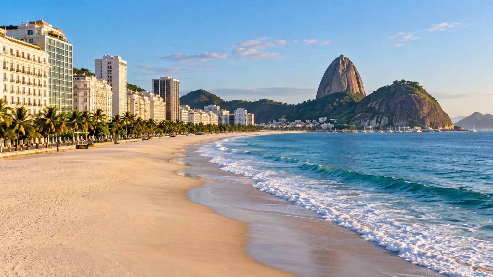 Copacabana beachfront in Rio with elegant luxury hotels, wide sand and Sugarloaf Mountain in the distance