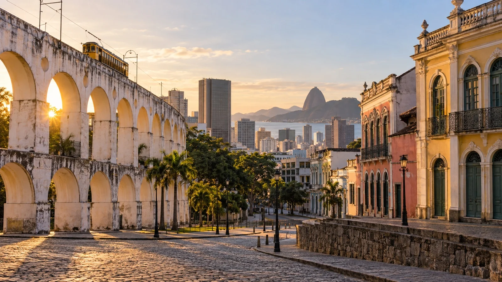 Lapa and central Rio hotel district with historic facades and tram arches in warm light
