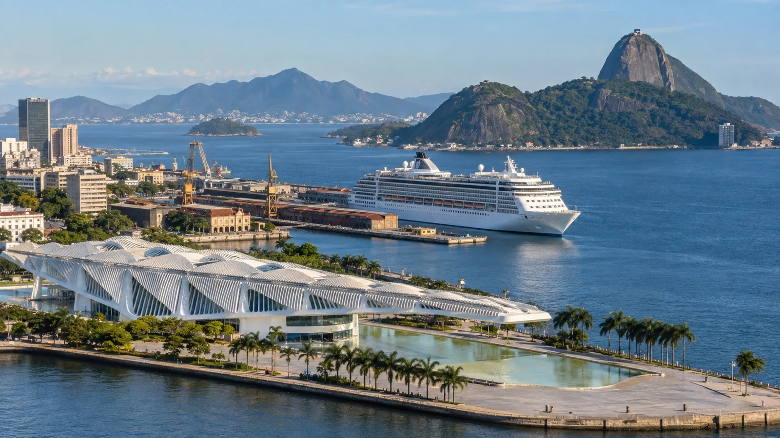 Pier Mauá cruise terminal in Rio de Janeiro with a white cruise ship docked near the Museum of Tomorrow and Guanabara Bay