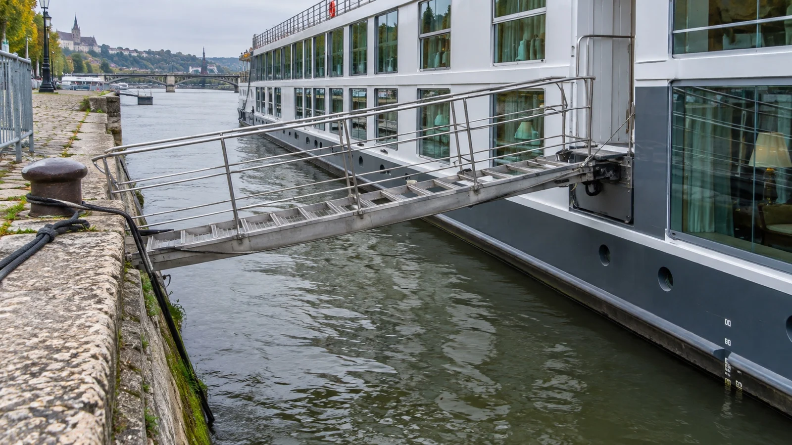 Empty sloped gangway to river cruise ship