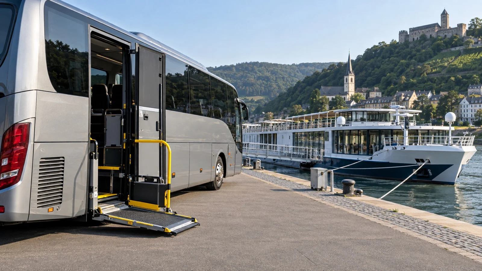 Shore excursion coach with wheelchair lift at river cruise quay