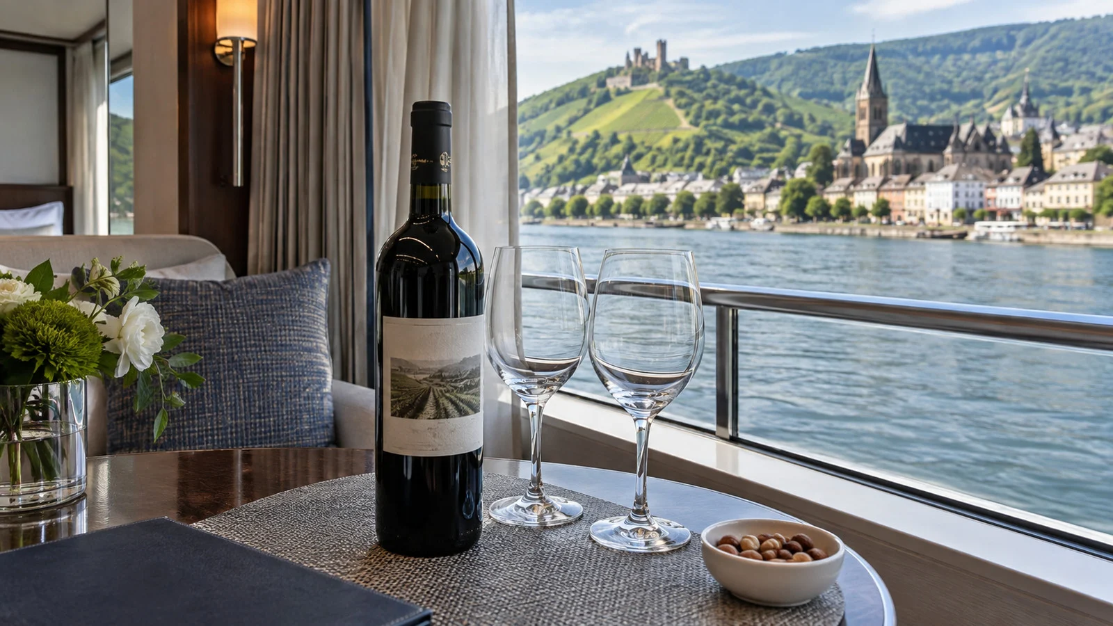 Bottle of regional wine and two empty glasses on a river cruise cabin table