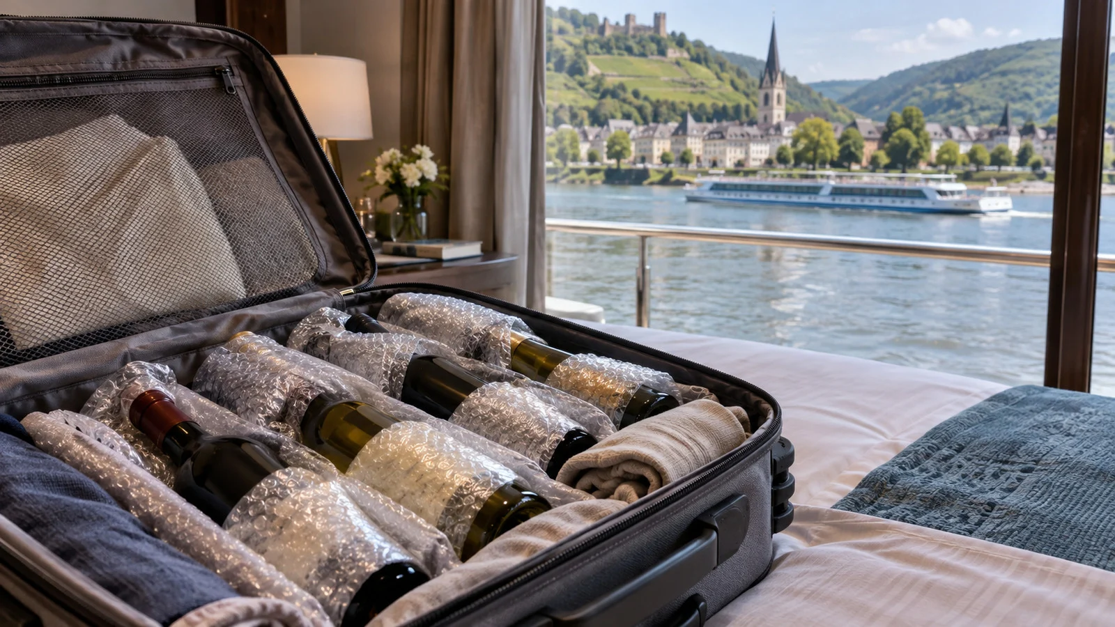 Carefully packed wine bottles inside an open suitcase without people