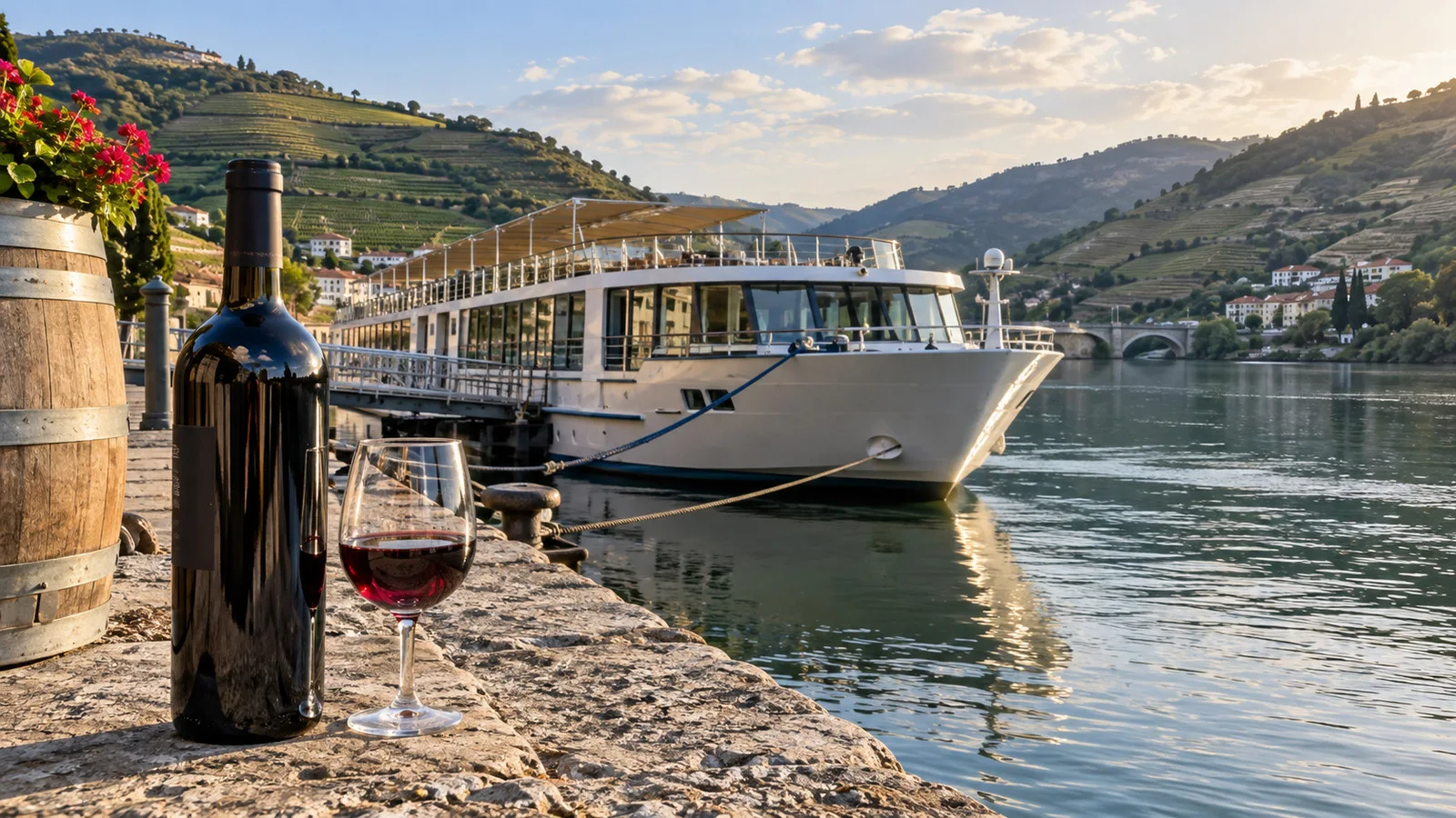 Port wine bottle beside a Douro river cruise ship in Pinhão