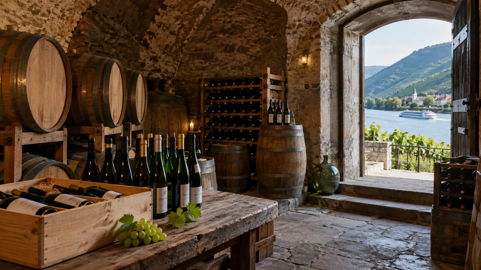 Wine cellar in the Wachau valley with bottles and barrels
