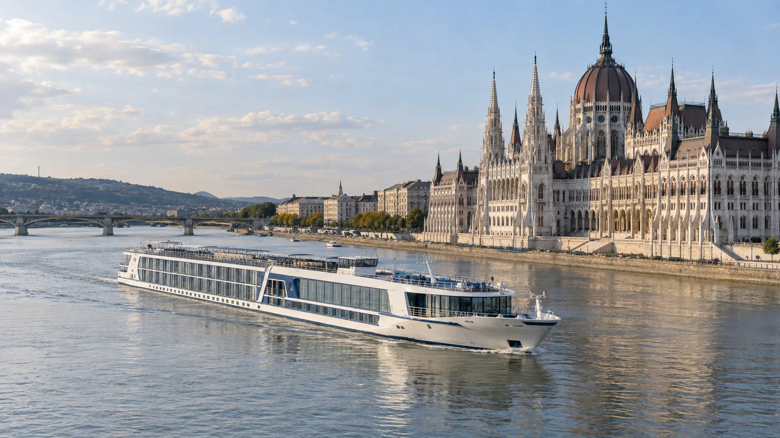a river cruise ship moving slowly along an urban riverfront toward a different berth