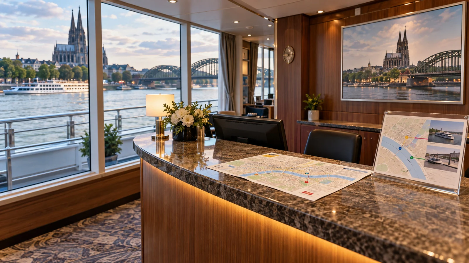 an empty river cruise reception desk with a simple city map and berth location notes, no readable text
