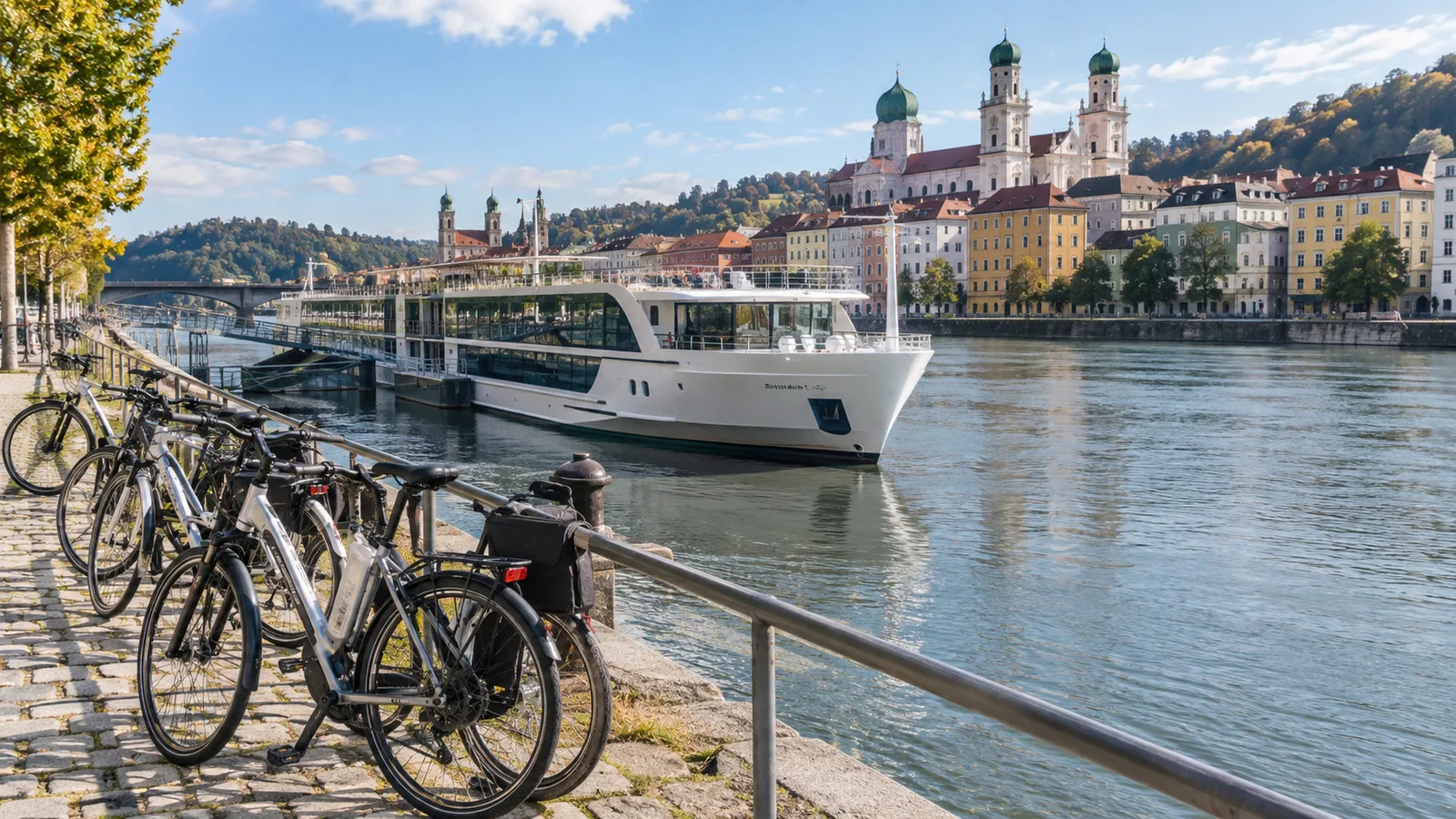 Bicycles parked beside a river cruise berth in Passau