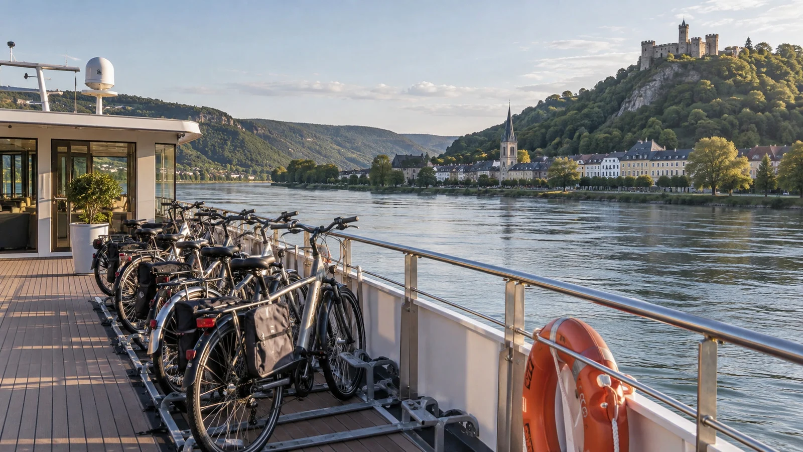 Bicycles secured on the open top deck of a river cruise ship