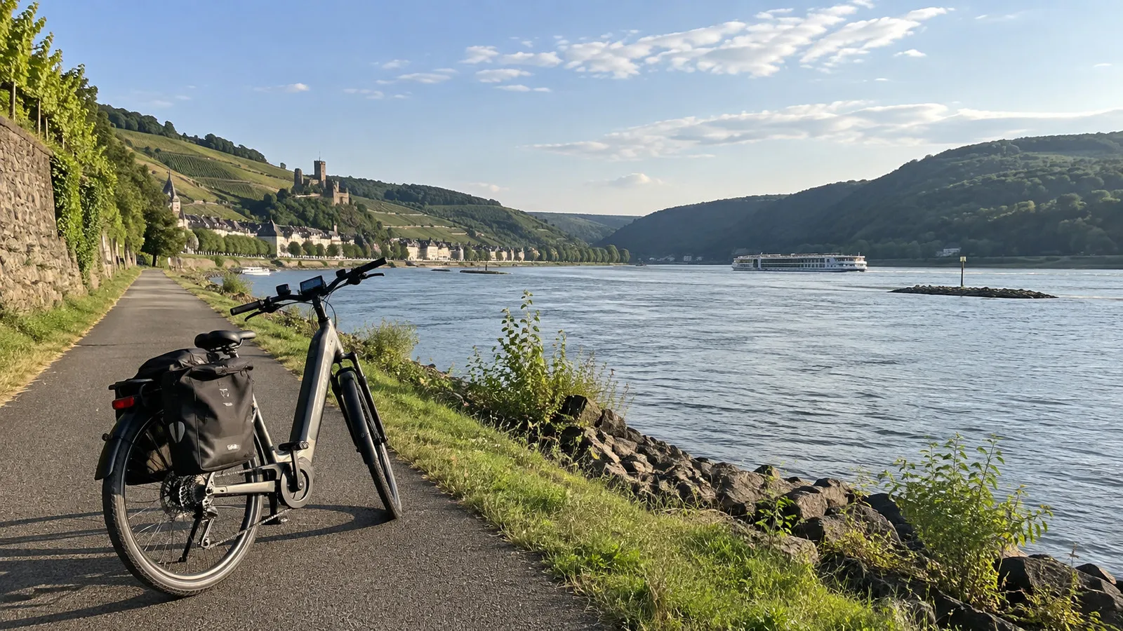 E-bike at an empty Rhine riverside cycle path near Rüdesheim