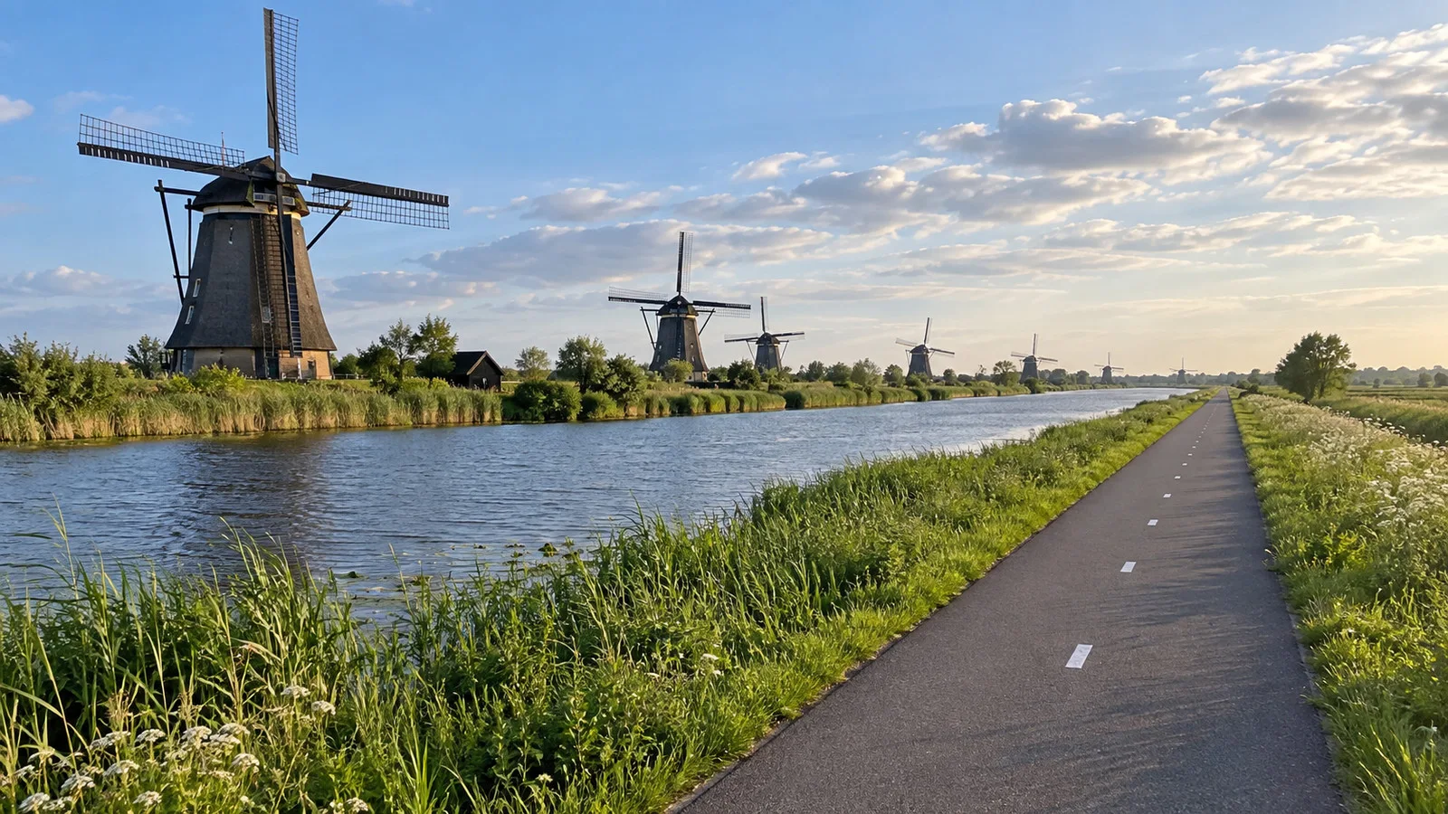 Empty cycle path beside Kinderdijk windmills in the Netherlands