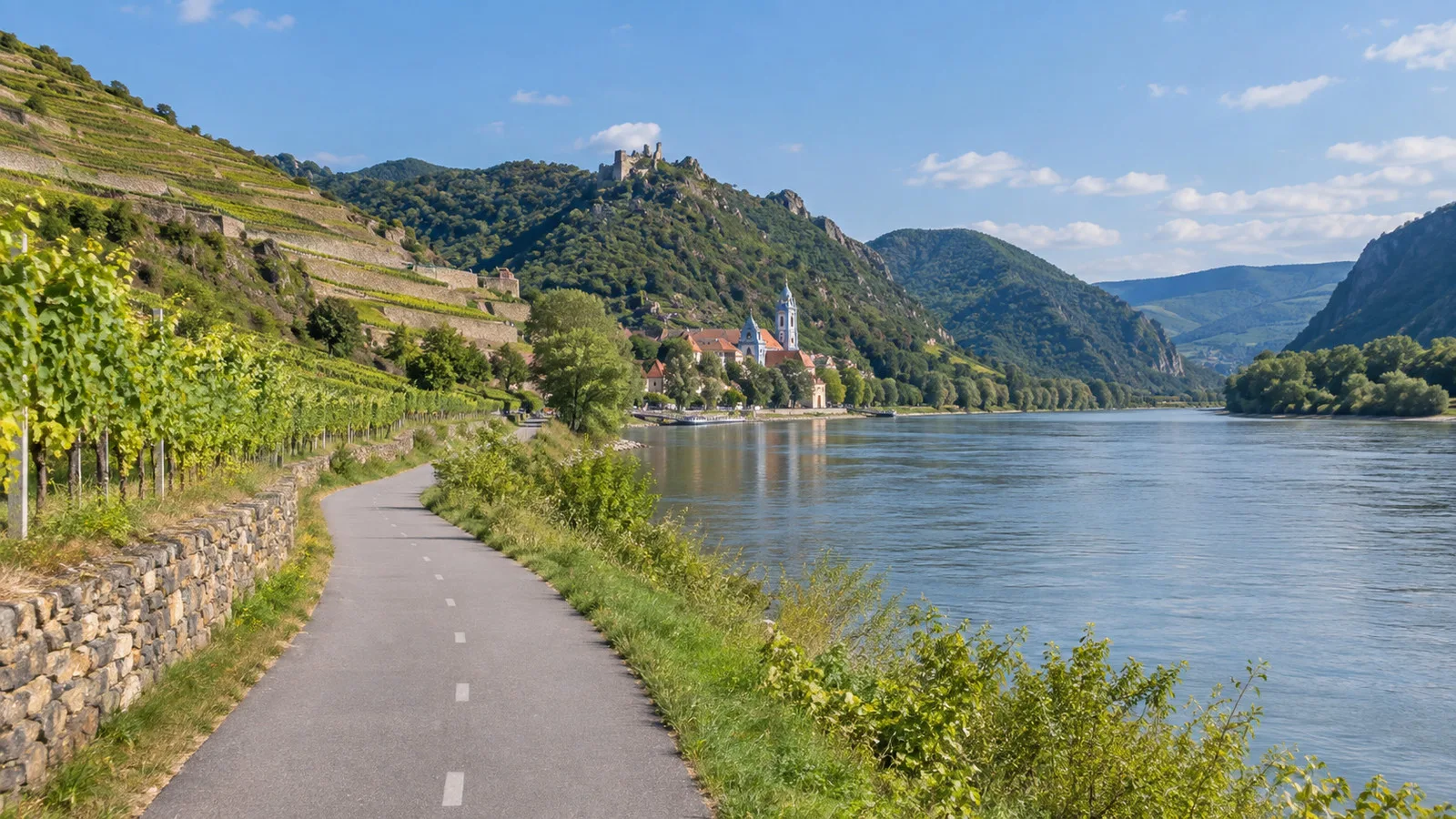 Wachau valley riverside cycling trail and vineyards in Austria