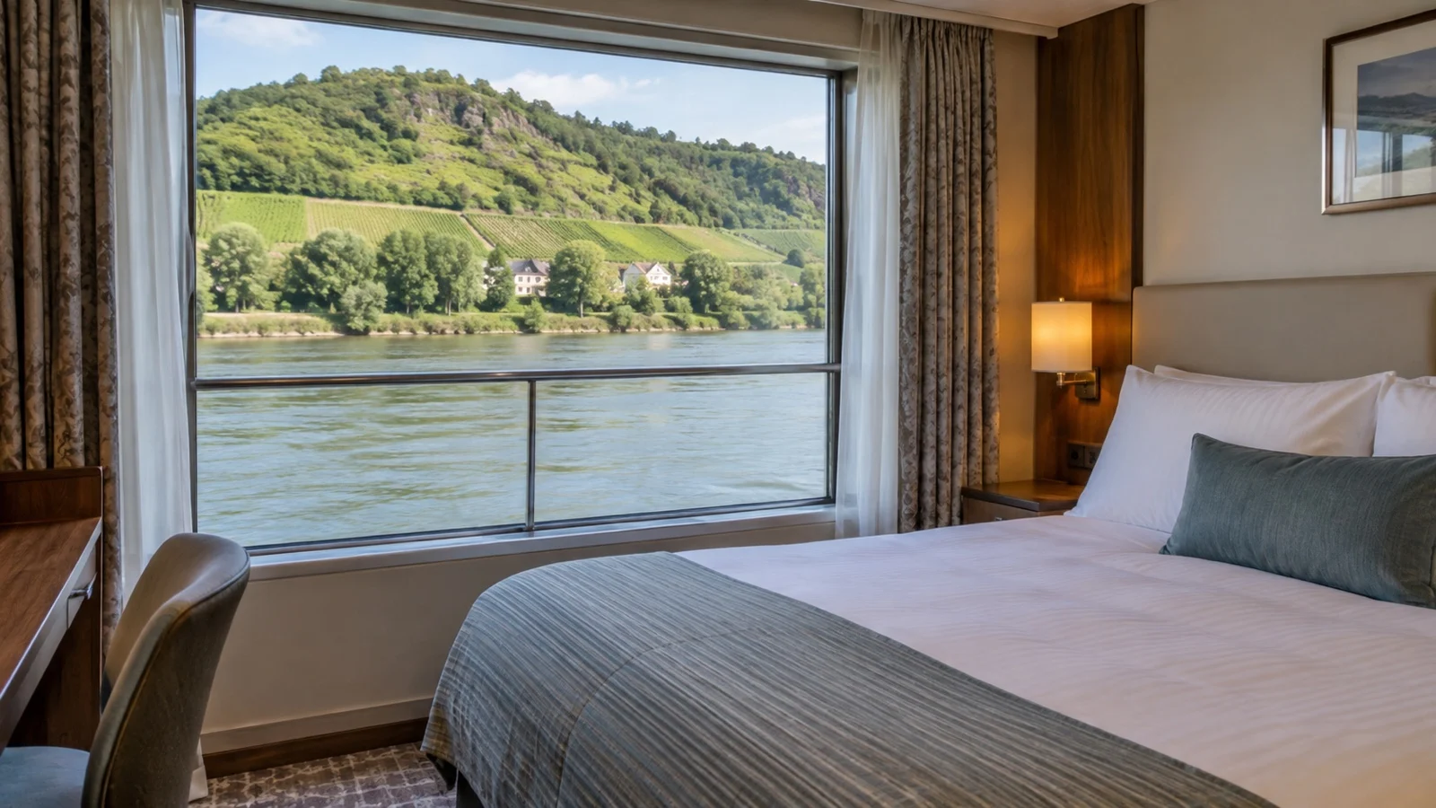 Compact river cruise cabin looking over river
