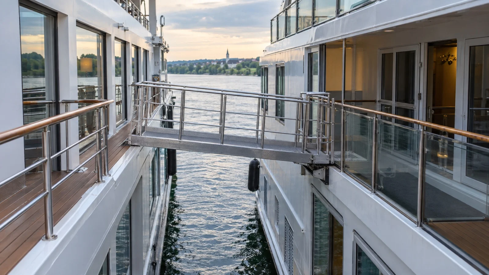 Gangway linking two rafted river cruise ships
