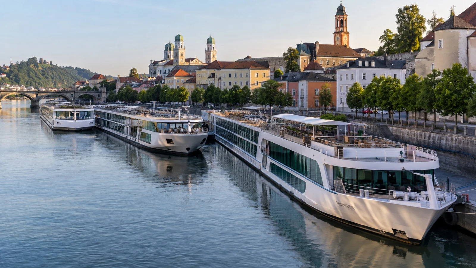 Several river cruise ships at limited urban berths